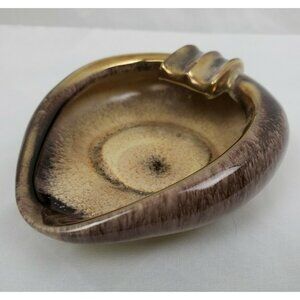 Vintage Pottery Ashtray Brown Dip Glaze Gold Cold Paint by Keramik West Germany